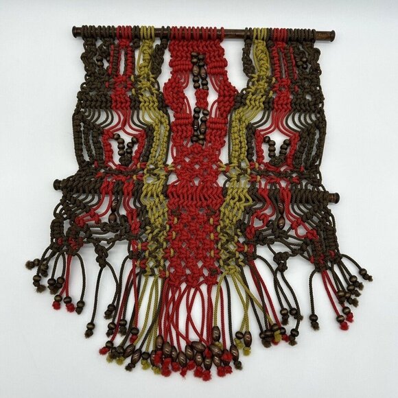 Other - Macrame Wall Hanging Boho Wood Rod Green Red Brown Beads Striped Rope Art Nylon